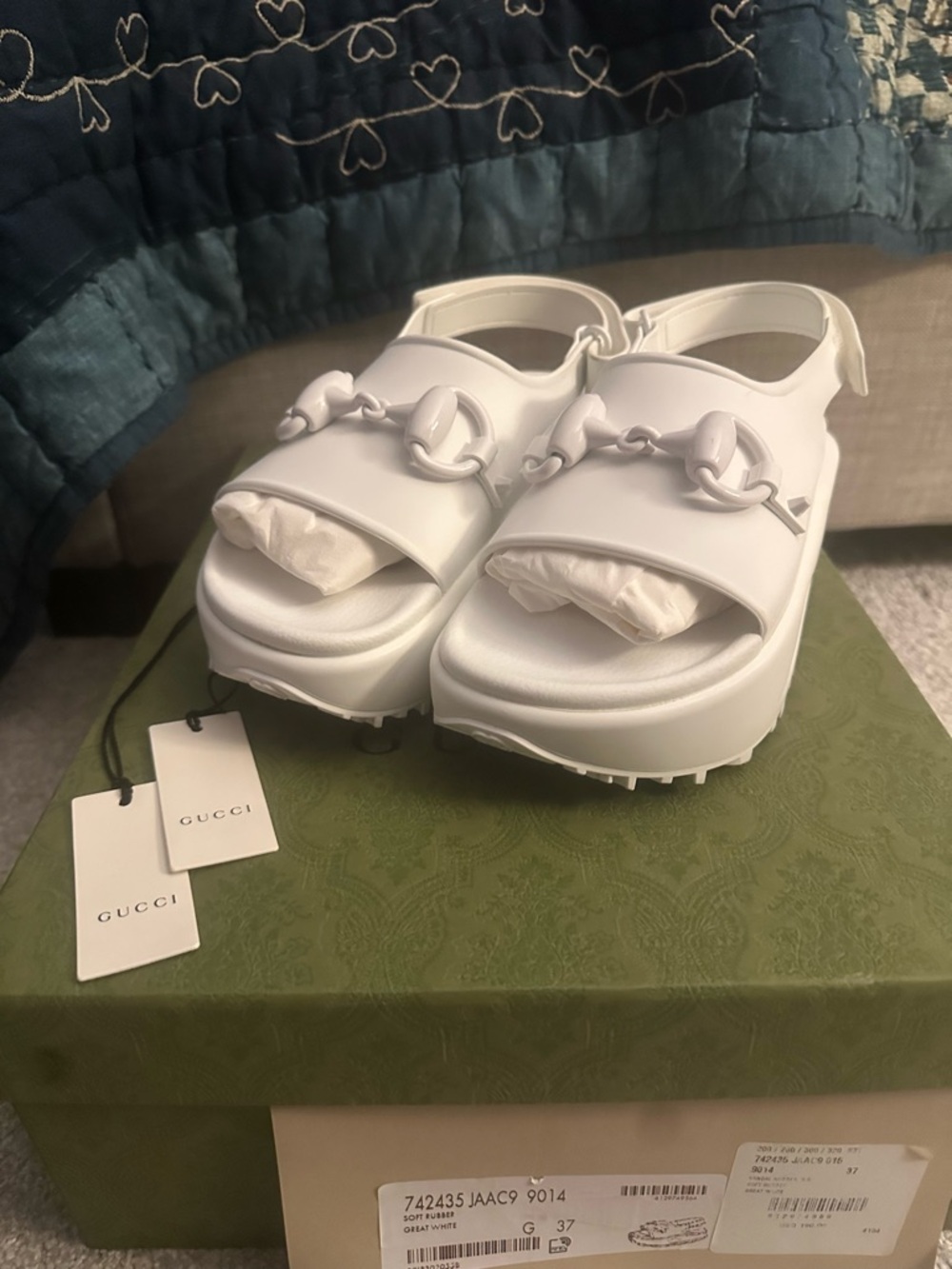 Gucci White Platform Rubber Horsebit Sandals with Back Strap